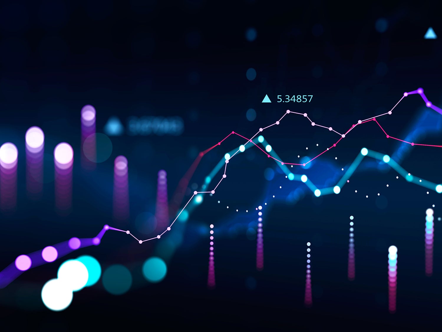 Digital representation of a graph with dots, lines, and lense flares
