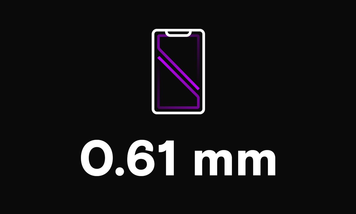 A white and purple icon of a mobile phone with text saying .61 mm